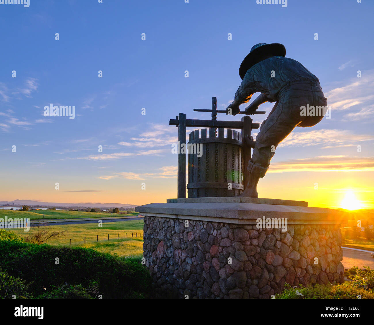Il frantumatore di uva statua al tramonto, Napa Valley, California Foto Stock