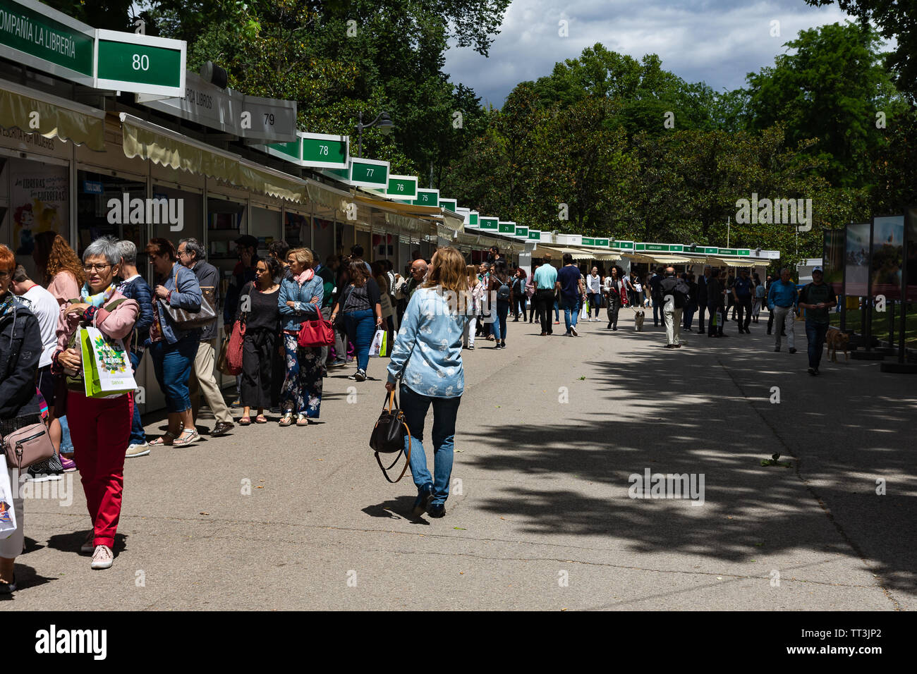 Madrid, Spagna. 11 Giugno, 2019. Fiera del Libro di Madrid. Migliaia di persone visitano ogni anno questa fiera che si tiene nel Parco del Retiro Foto Stock