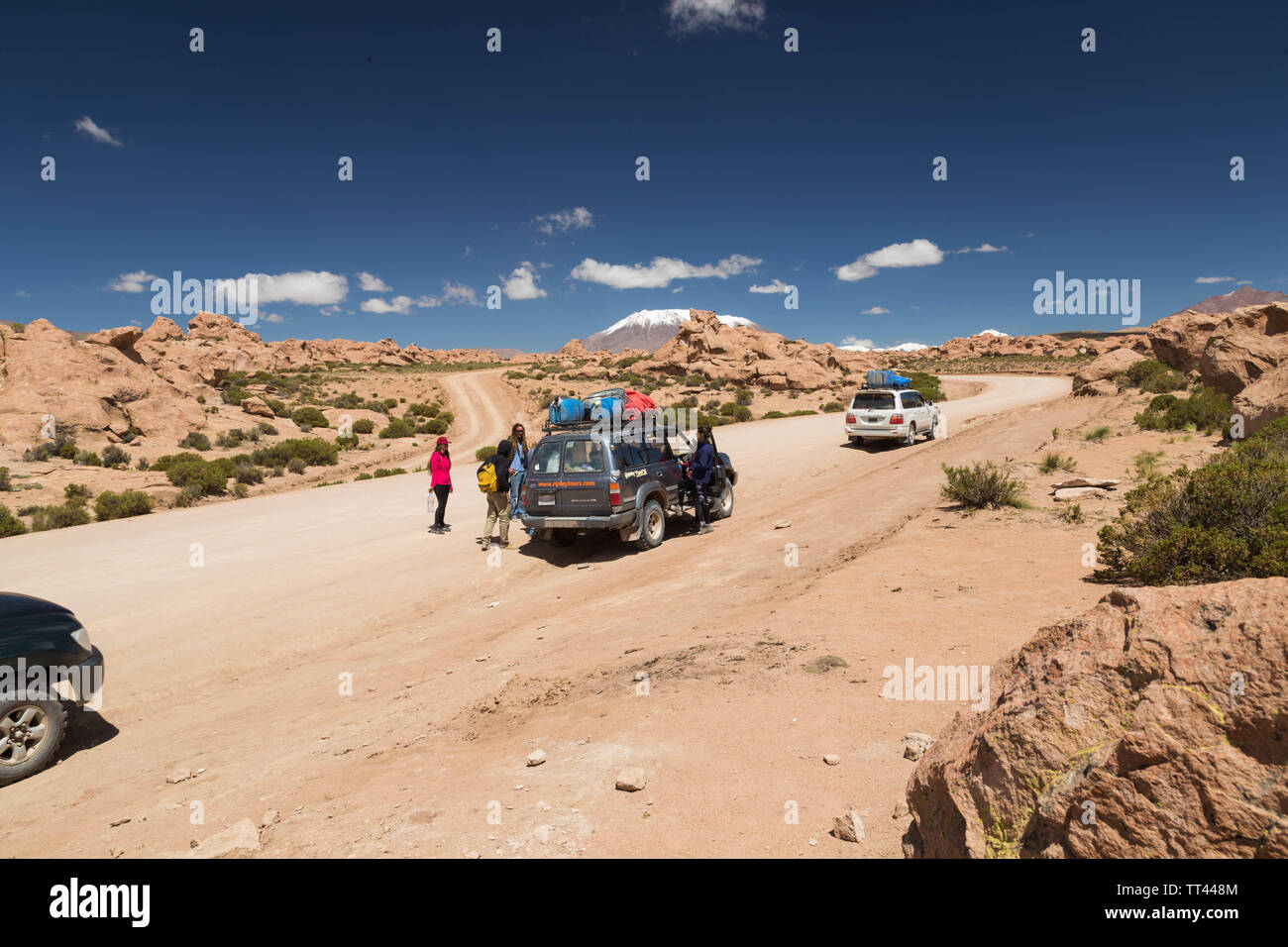 Jeep ride in Bolivia il deserto, Bolivia Foto Stock