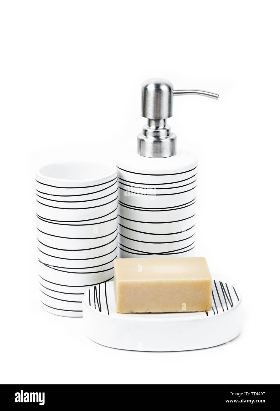 Set di pompa eramic bottiglia per sapone liquido o uno shampoo con sapone a base di erbe su sfondo bianco. Foto Stock