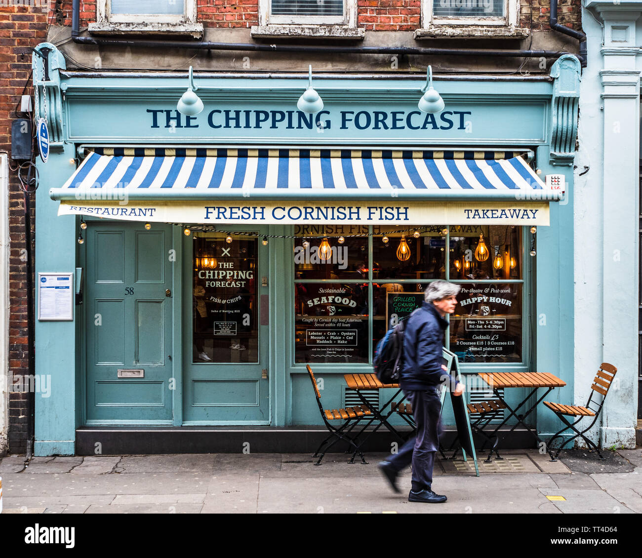 Il Chipping Meteo sistemazione di pesce e Chip Shop in Soho di Londra - il chipping Meteo ristorante Greek Street Soho Londra Foto Stock