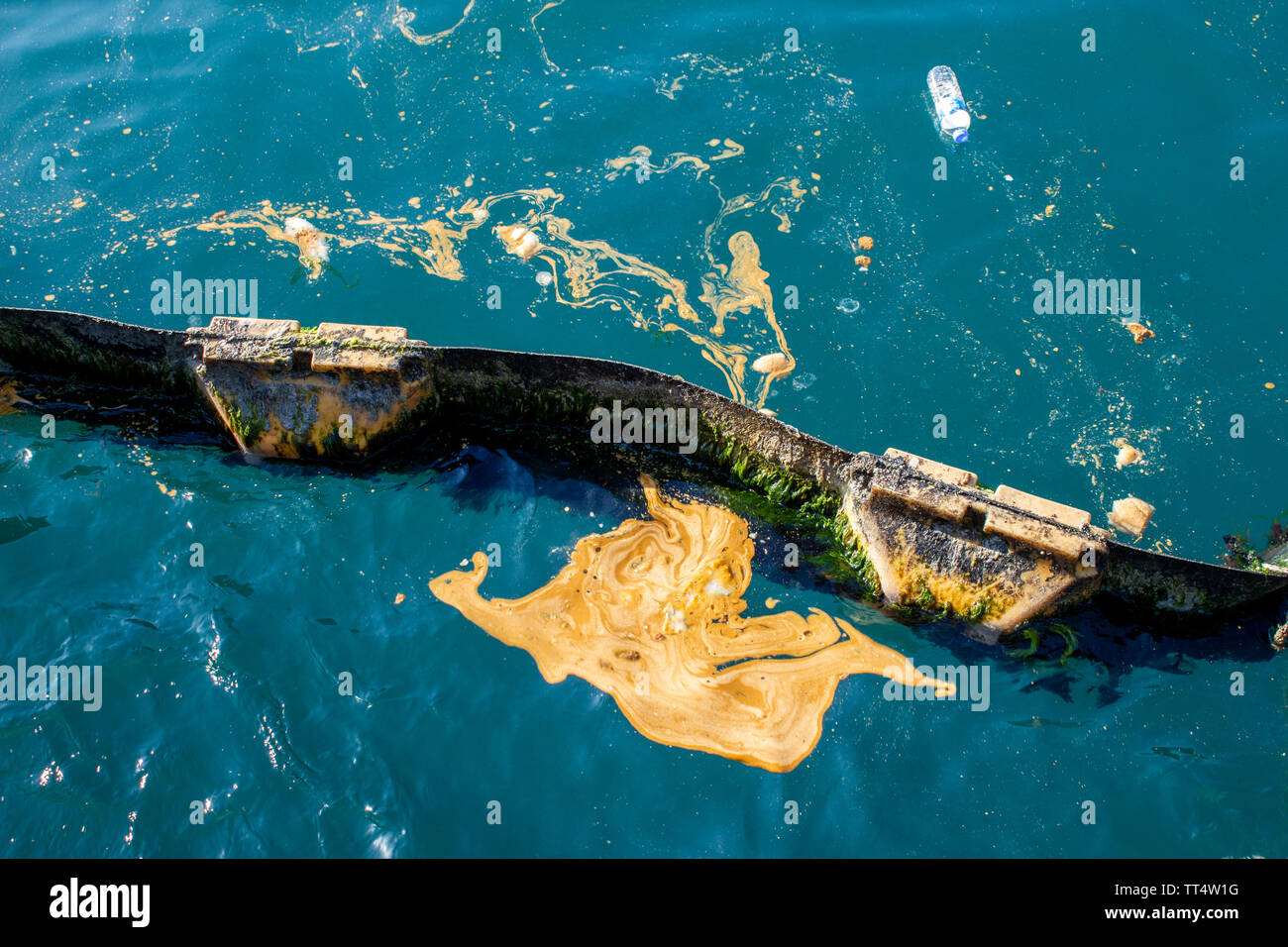 Inquinamento del Mare, olio di scarto sul mare, pontoon barriera di mare Foto Stock