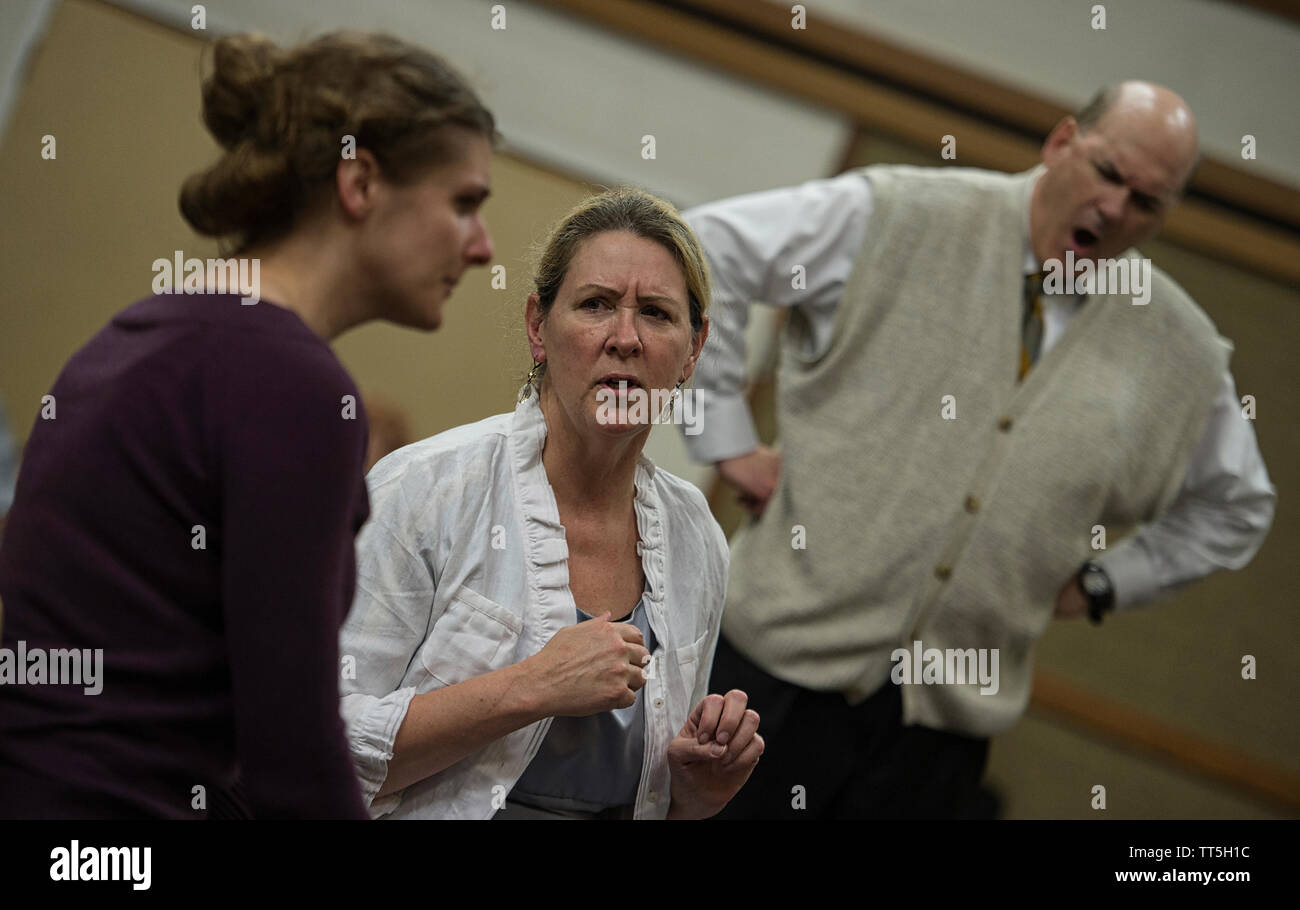 Stati Uniti - 6 Maggio 2016: Il cast e la troupe di The Pickwick giocatori durante le loro prove per il gioco "My Fair Lady" a Hamilton LDS Chiesa. (Foto b Foto Stock