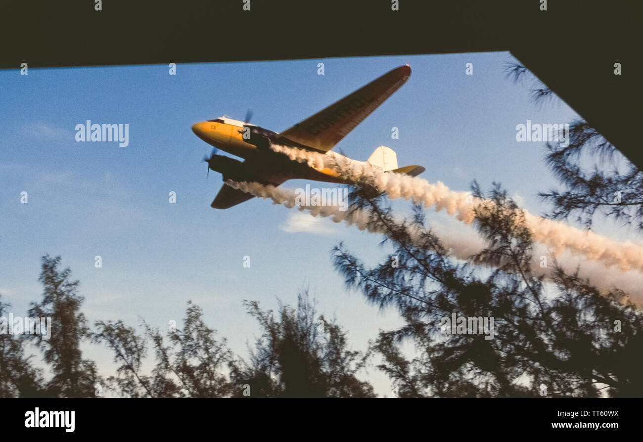 Uno storico aeroplano Douglas DC-3, guidato da un'elica, vola davanti a case a bassa quota per spruzzare sostanze chimiche che aiutano a controllare le zanzare fastidiose e pericolose per la salute nelle Florida Keys, una catena di isole all'estremità meridionale della Florida, Stati Uniti. Negli anni successivi a questa fotografia nel 1992, il DC-3 è stato sostituito da elicotteri e droni per coprire le infestazioni di zanzare in un tratto di 120 miglia della contea di Monroe. Il Florida Keys Mosquito Control District conduce i suoi voli per rilasciare insetticidi a un'altitudine compresa tra 100 e 150 piedi solo quando i venti a terra sono inferiori a 24 miglia orarie. Foto Stock