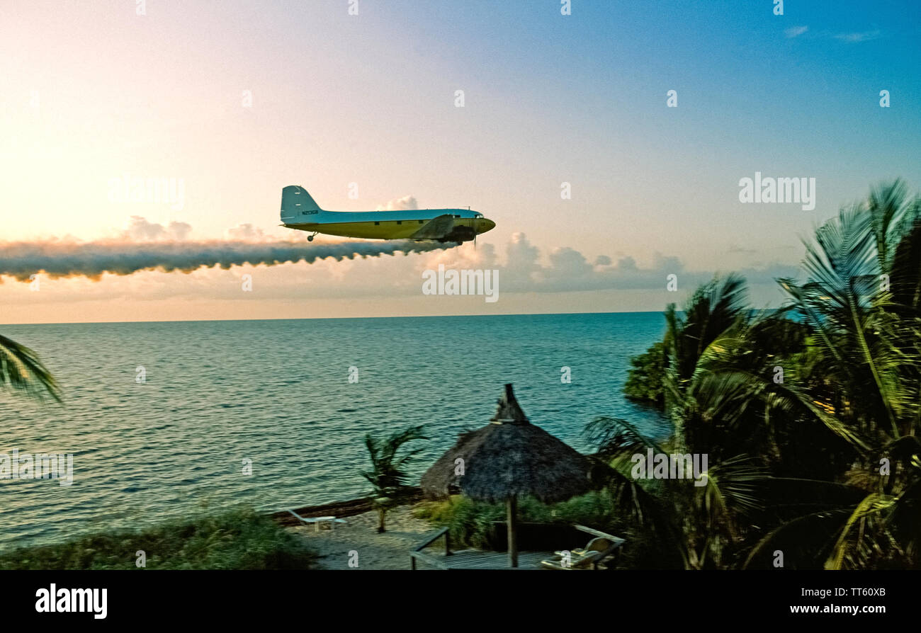 Uno storico Douglas DC-3 elica aeroplano flies passato case sul fronte oceano a bassa altitudine a spruzzare sostanze chimiche che aiutano a controllare le fastidiose e salute-pericolo zanzare in Florida Keys, una catena di isole a sud della Florida, Stati Uniti d'America. Negli anni successivi questa fotografia è stata scattata nel 1992 il DC-3 è stato sostituito da elicotteri e fuchi per coprire le infestazioni di zanzara in un 120 miglia della Contea di Monroe. Il Florida Keys Mosquito distretto di controllo conduce i suoi voli per rilasciare gli insetticidi ad una altitudine di 100 a 150 piedi solo quando si snoda sul terreno sono a meno di 15 miglia/h. Foto Stock