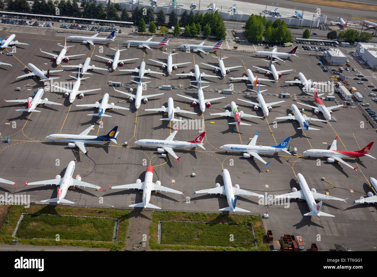 Giugno 2019: Boeing 737 Max aeromobili Boeing alla fabbrica di campo nei pressi di Seattle, Washington, USA, durante la crisi causata da software non sicuri Foto Stock