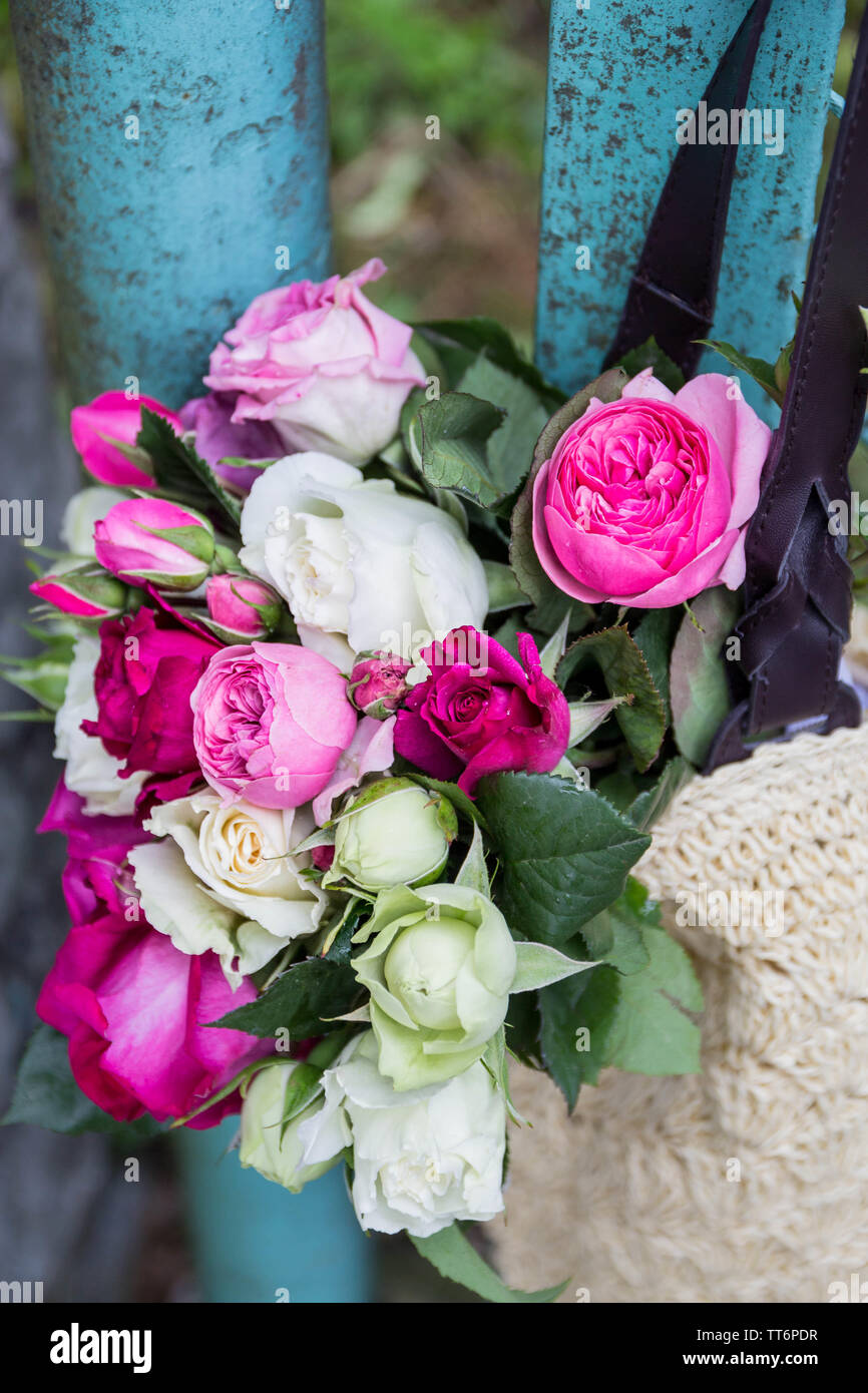 Bouquet di fragrante rosa Inglese e rose bianche in una borsa di rafia appesa alla recinzione Foto Stock