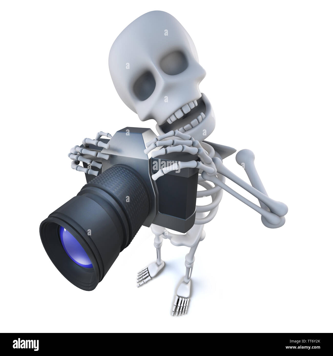 3D render di un simpatico cartoon spooky carattere dello scheletro di scattare una foto con una fotocamera Foto Stock