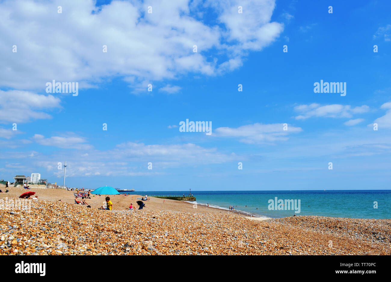 Brighton, Regno Unito - 14 agosto 2016: bella vista panoramica sulla spiaggia di ciottoli presso il mare e il famoso British Airways i360 torre di osservazione all'orizzonte. Foto Stock