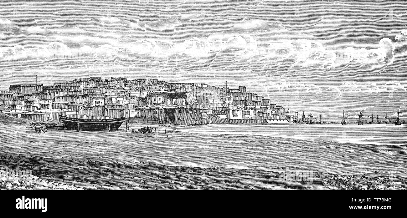 Jaffa o Giaffa è il sud e la parte più antica di Tel Aviv, antica città portuale in Israele e famosa per la sua associazione con le storie bibliche di Giona, Salomone e San Pietro. Dopo il Cananeo e dominio Filisteo, il re Davide e suo figlio Re Salomone conquistata Jaffa e utilizzato il suo porto per portare i cedri utilizzato nella costruzione del primo Tempio dal pneumatico durante il I secolo A.C. Foto Stock