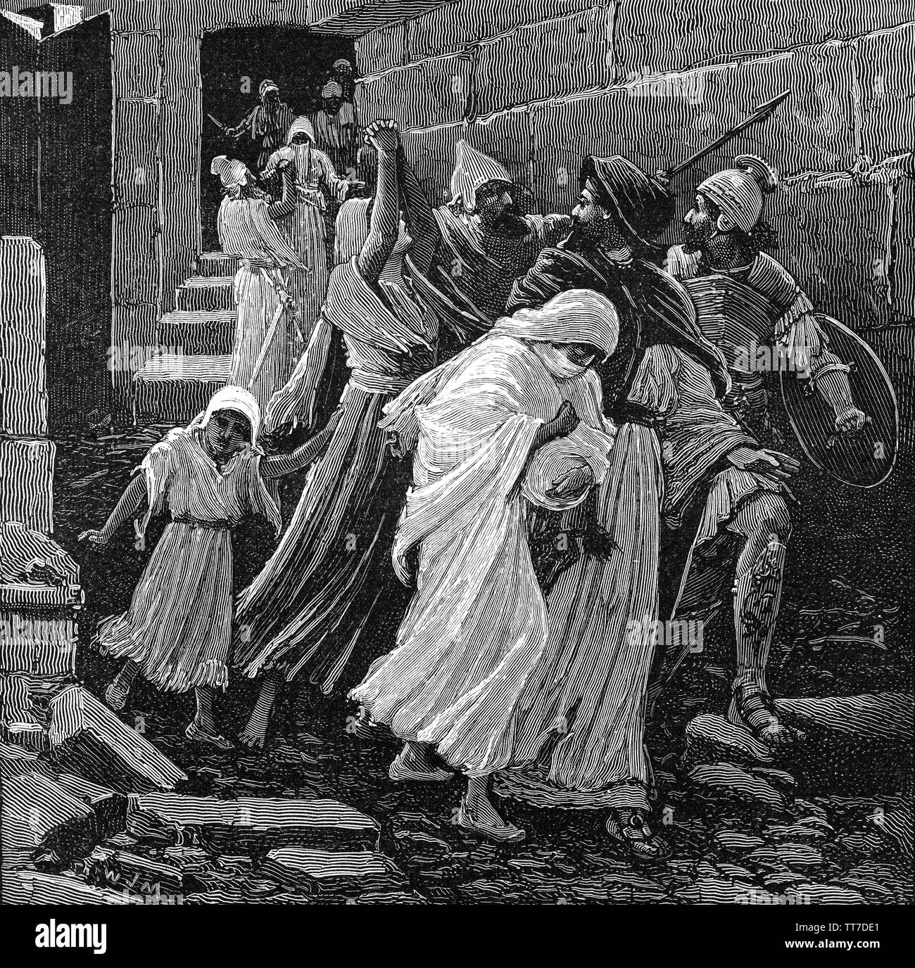 Il volo di Sedecìa re di Giuda da Nabucodònosor II nel 597 A.C. all'età di venti-uno. Il regno era a quel tempo affluente di Nebukadnetsar II. Nonostante le indicazioni Sedekia poi si ribellò contro Babilonia e entrato in un alleanza con il Faraone Hophra d'Egitto. Nabucodonosor ha risposto invadendo Giuda e iniziò un assedio di Gerusalemme nel dicembre 589 BC. Quando Nebukadnetsar è riuscito a catturare Gerusalemme Sedekia e i suoi seguaci ha tentato la fuga, rendendo il loro modo di uscire dalla città, ma sono stati catturati nelle pianure di Gerico, e sono state prese a Ribla. Foto Stock