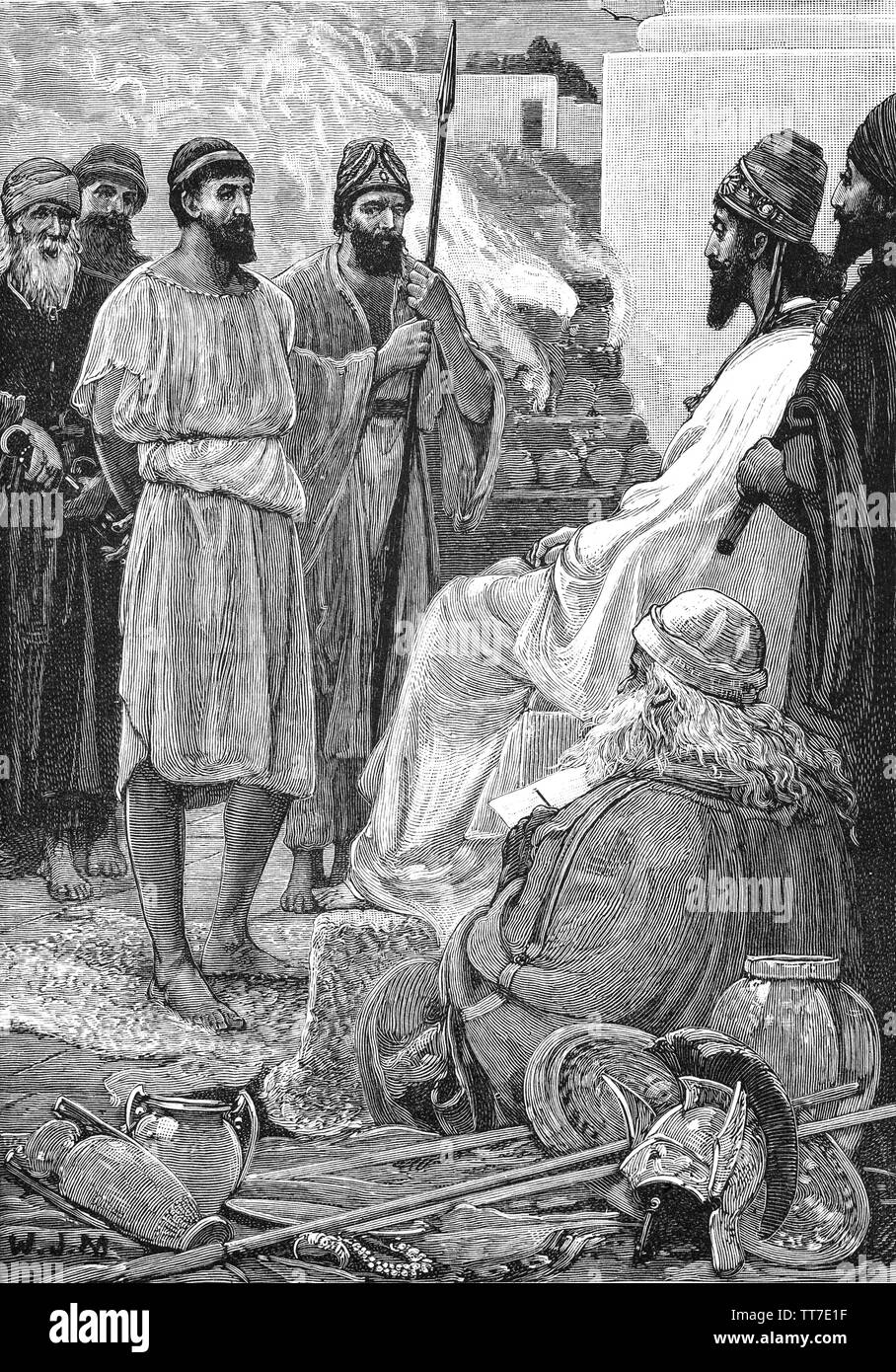 Creso (595 A.C. - 546 a.C.) era il re della Lidia che regnò per 14 anni: dal 560 A.C. fino a quando la sua sconfitta dal re persiano Ciro il Grande nel 546 A.C. Il regno fu devastato e Creso è stata catturata e condannata a essere eseguito. Come Creso sta per essere bruciato su una pira, egli grida il profeta Solon il nome. Ciro si ferma ad ascoltare ciò che Creso ha da dire. Creso si riferisce Solon della storia a circa grande ricchezza di Cyrus, che viene spostato dalla nozione che il destino può portare la miseria di un uomo ricco e la felicità di un uomo povero. Creso viene liberato e l'imperatore e re diventare buoni amici. Foto Stock