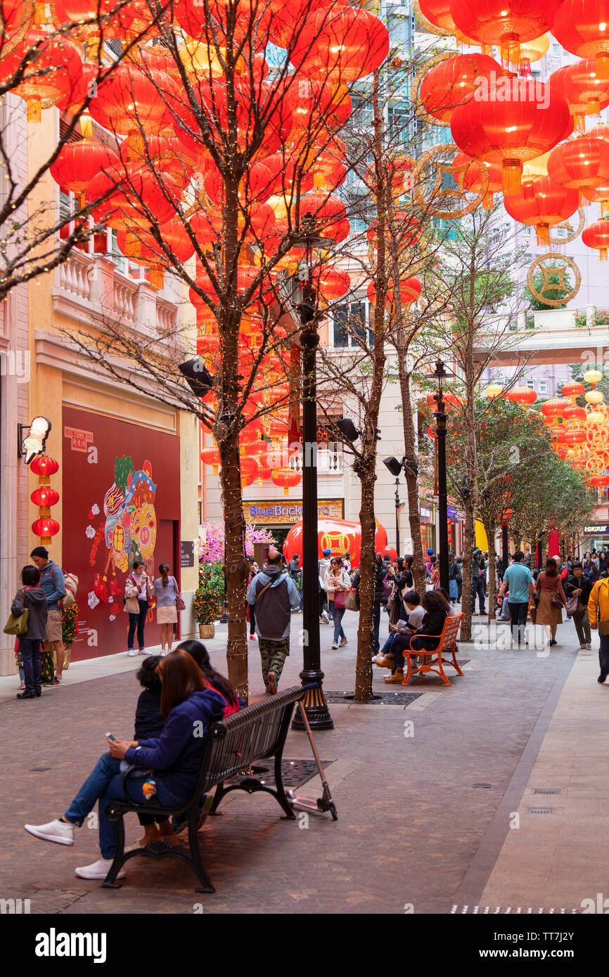 Anno Nuovo cinese di decorazioni su Lee Tung Avenue, Wan Chai, Isola di Hong Kong, Hong Kong Foto Stock