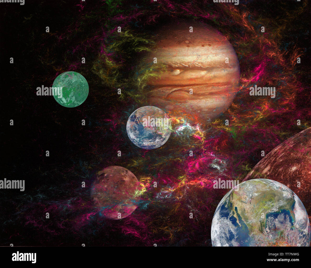 Immagine di un vista imaginery di coloratissimi strano e meraviglioso lontano sistema solare. Foto Stock
