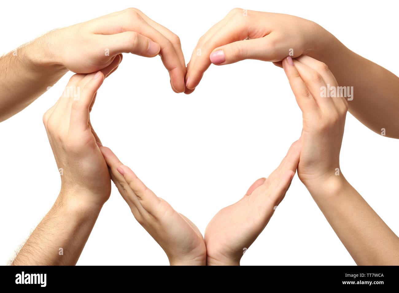 Cuore formata da maschio e femmina isolato mani su bianco Foto Stock