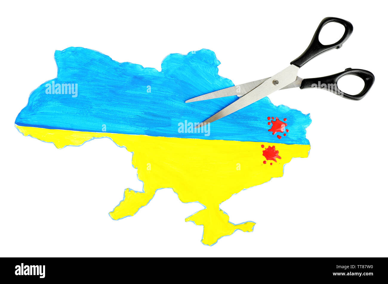 Mappa di Ucraina con il sangue e un paio di forbici, isolata su bianco - concetto di guerra nel paese Foto Stock