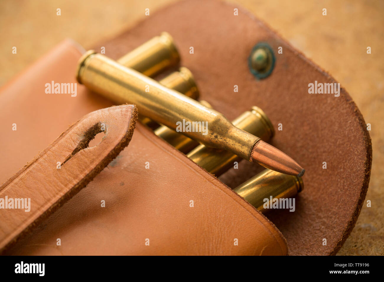 Una cartuccia in pelle sacca con esempi di .270 Winchester fucile a percussione centrale cartuccia con un panno morbido dal naso-bullet. L'.270 Winchester è stato cartuccia Foto Stock