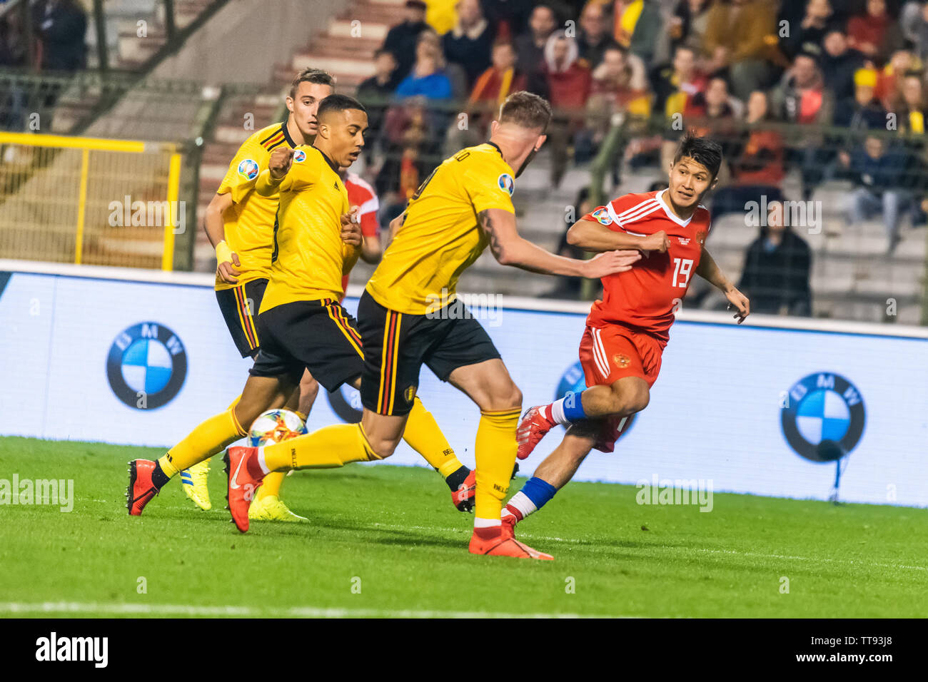 Bruxelles, Belgio - 21 Marzo 2019. In Russia la squadra nazionale centrocampista Ilzat Akhmetov contro il Belgio la squadra nazionale giocatori Timothy Castagne, Youri Thiel Foto Stock