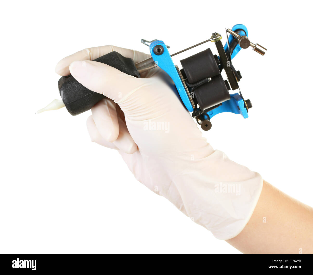 Tattoo Artist holding tattoo machine, isolato su bianco Foto Stock