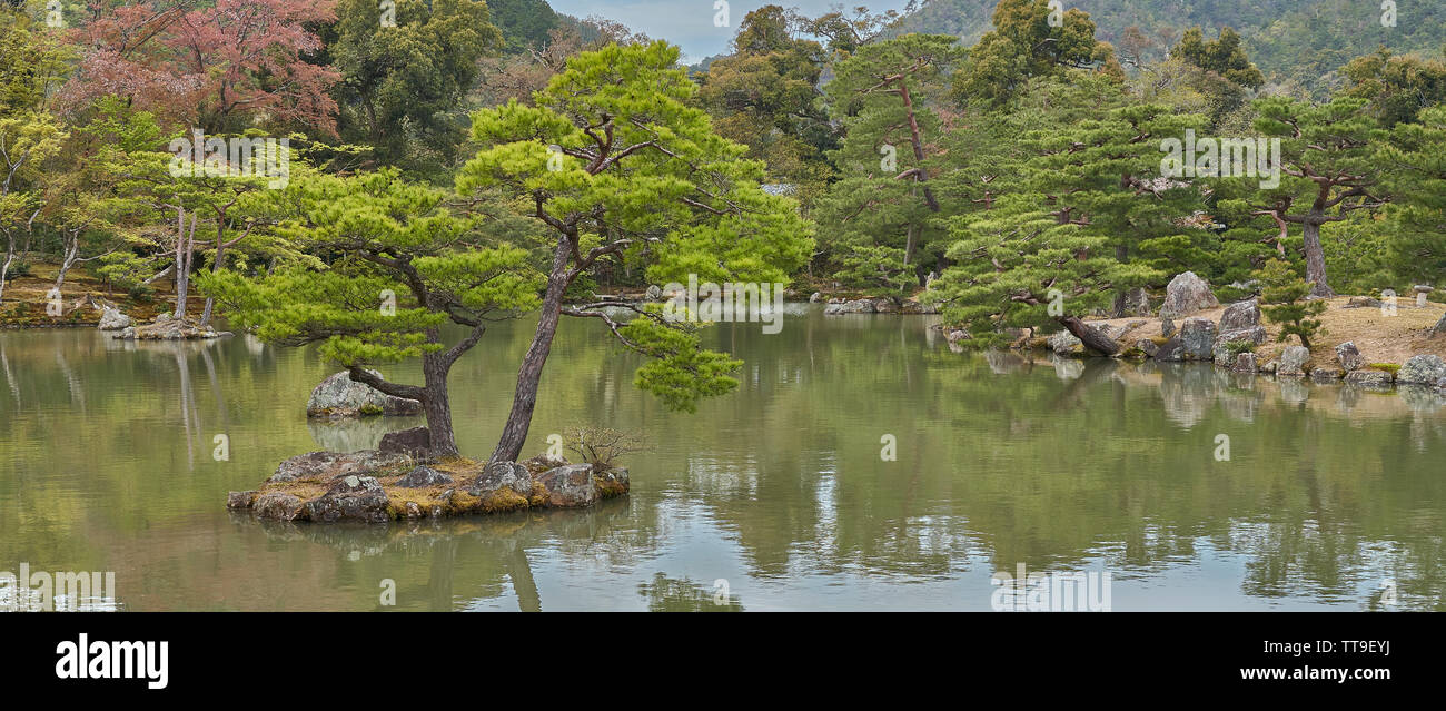 Un lago con isole nel padiglione dorato park. Pino nero sono gli alberi crescono sulle isole. Foto Stock