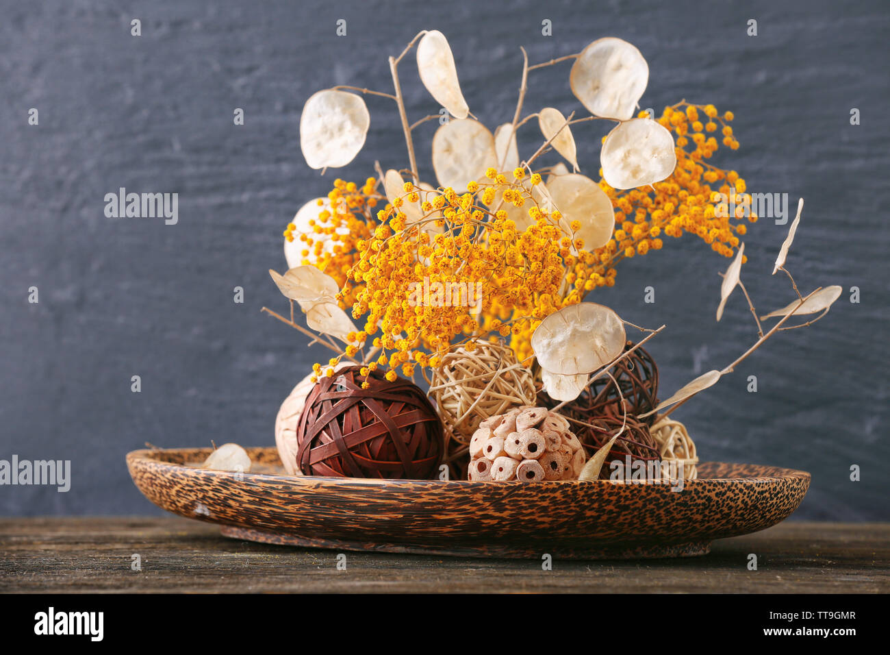 Composizione di fiori secchi sulla parete blu sullo sfondo Foto Stock