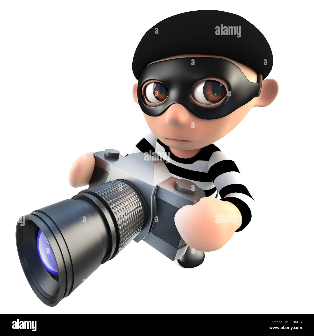 3D render di un simpatico cartoon ladro ladro personaggio di scattare una foto con una fotocamera Foto Stock