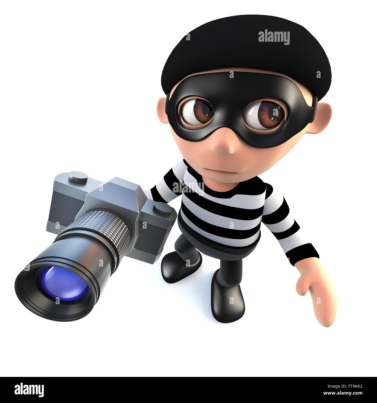 3D render di un simpatico cartoon ladro ladro personaggio rubare una telecamera Foto Stock