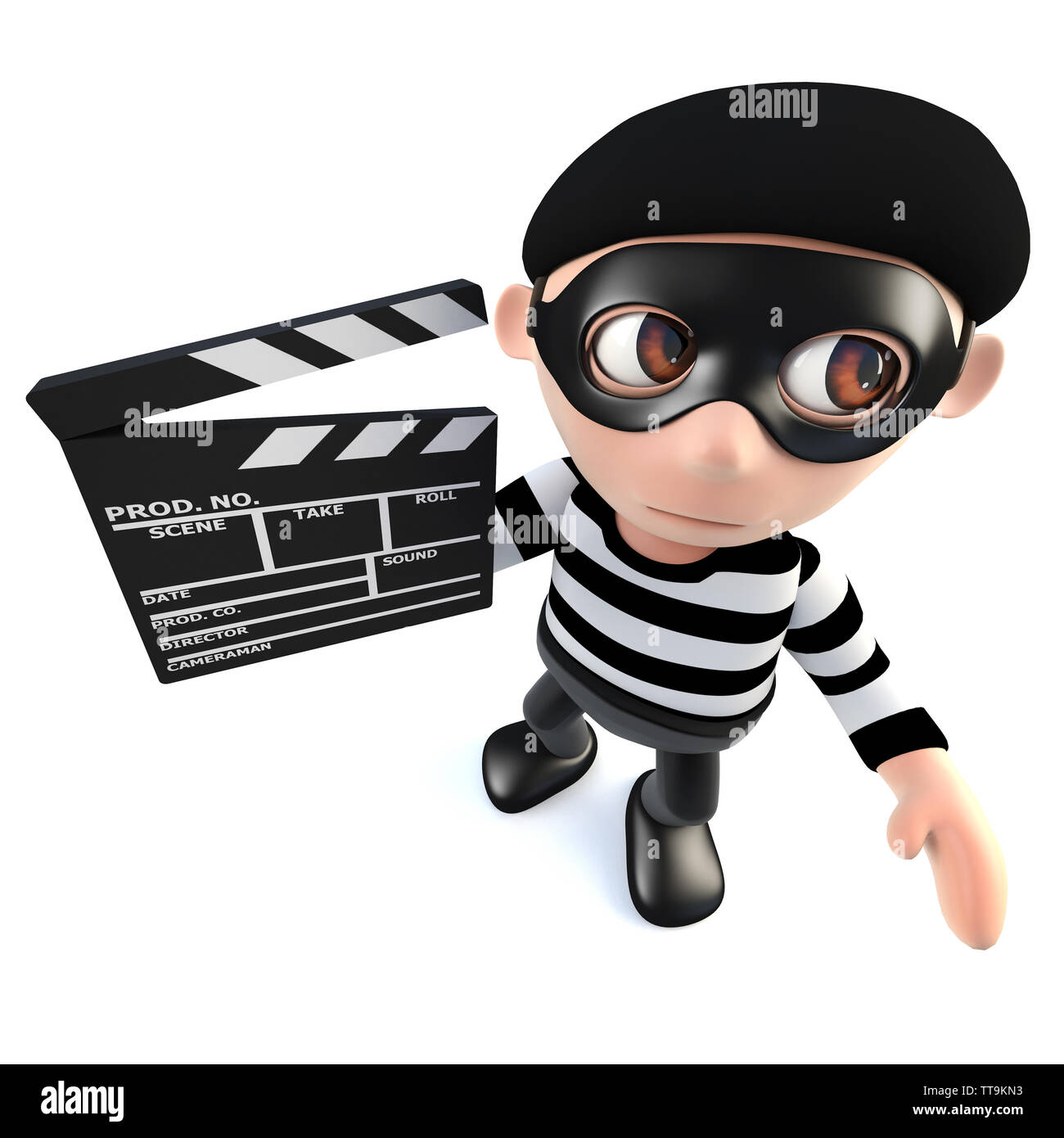 3D render di un simpatico cartoon ladro ladro personaggio tenendo un movie maker clapperboard Foto Stock