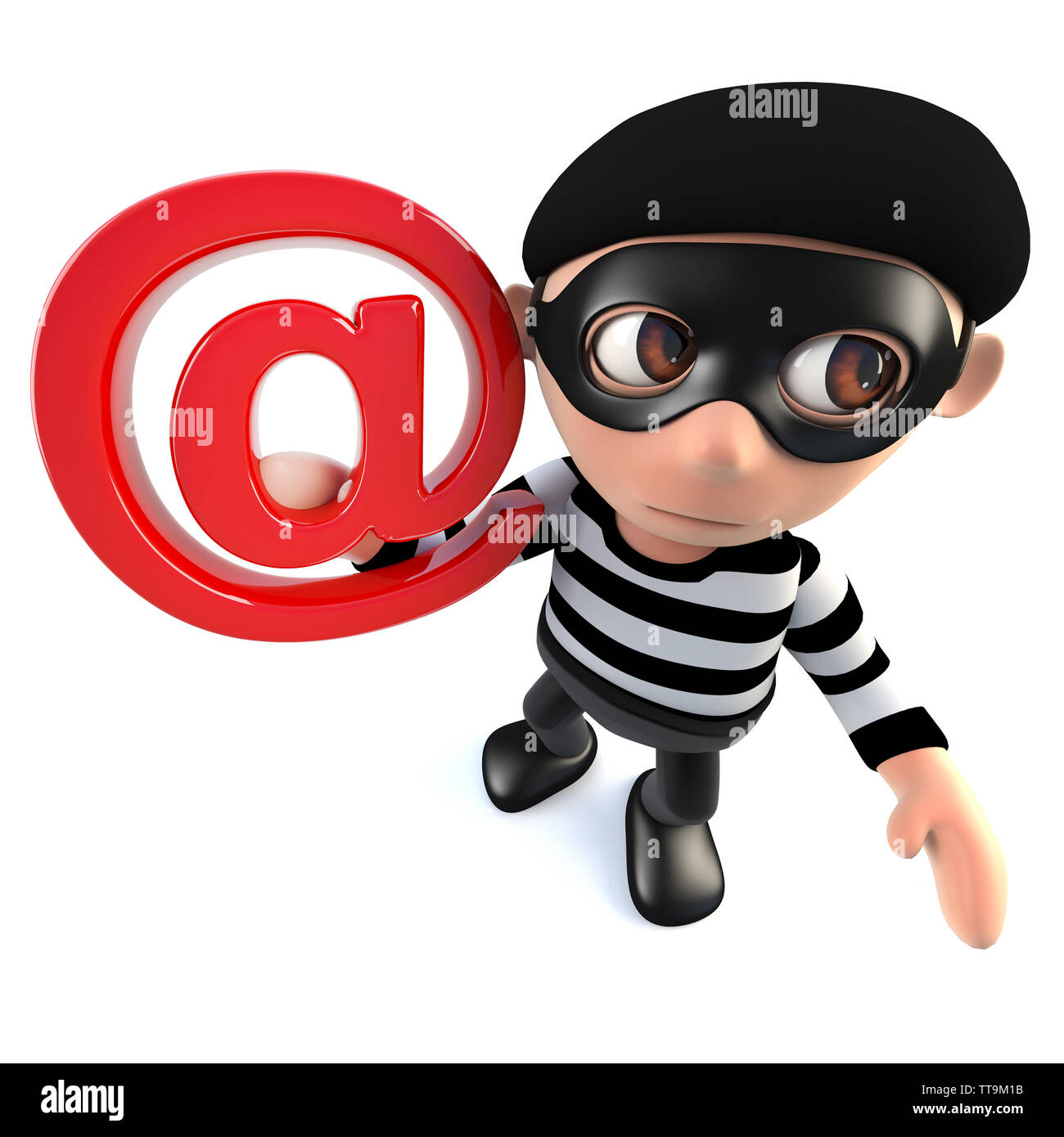 3D render di un simpatico cartoon ladro ladro personaggio in possesso di un indirizzo di posta elettronica simbolo Foto Stock