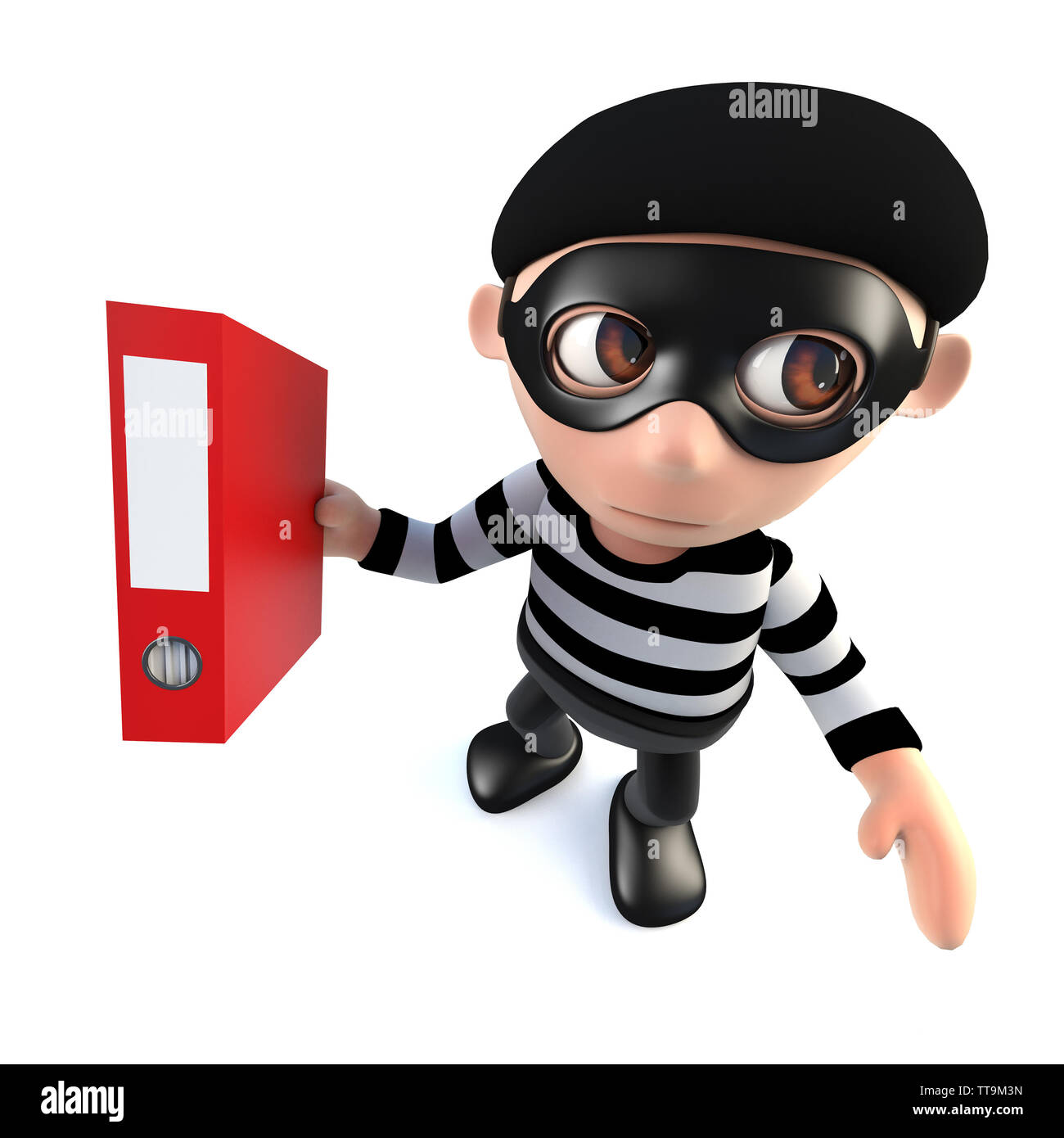 3D render di un simpatico cartoon ladro ladro personaggio rubando una cartella piena di dati Foto Stock