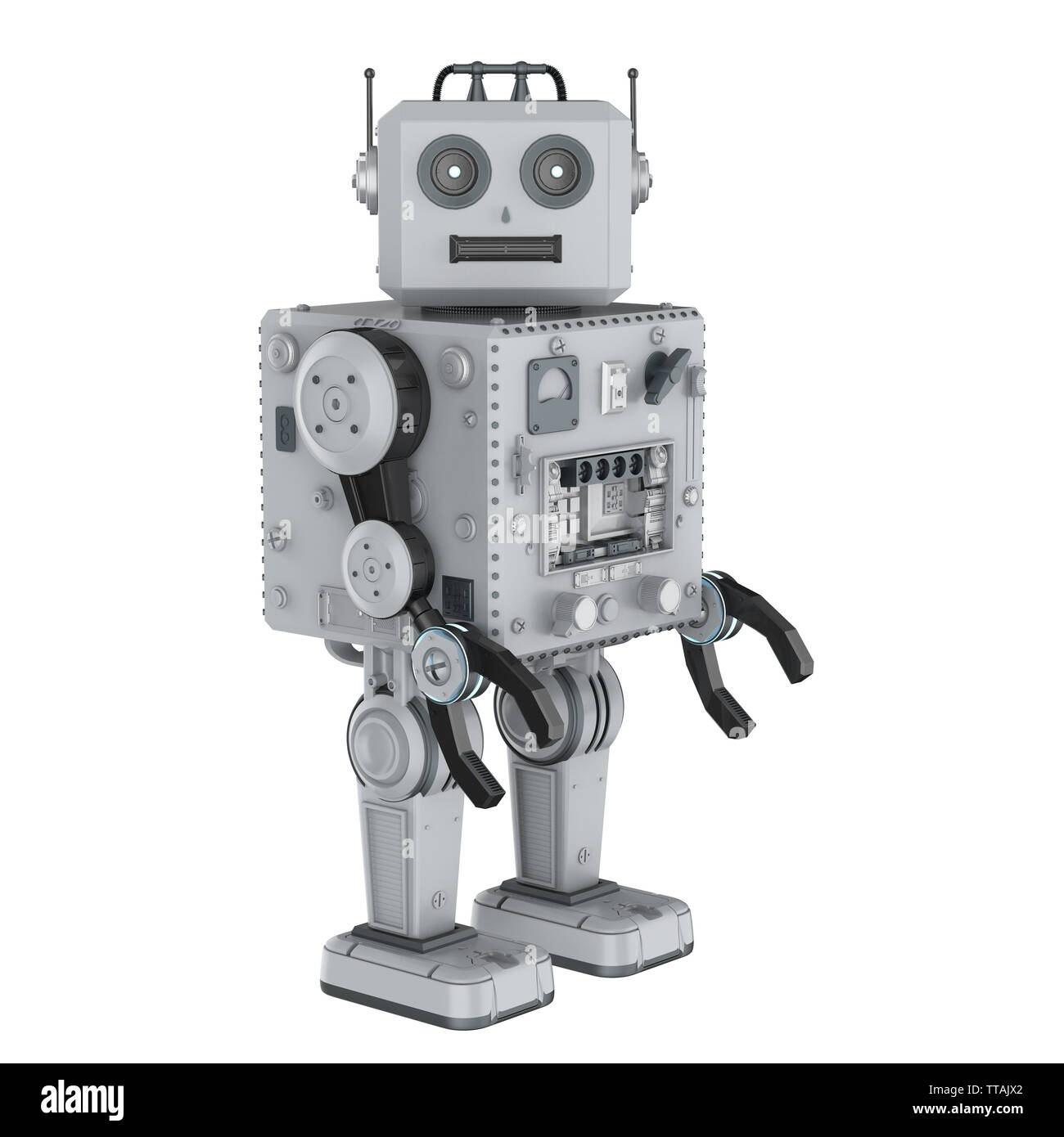 3D rendering robot giocattolo di stagno su sfondo bianco Foto Stock