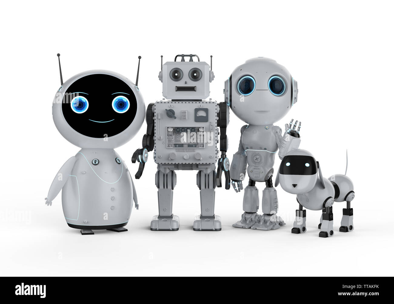 3D rendering gruppo di robot amichevole su sfondo bianco Foto Stock