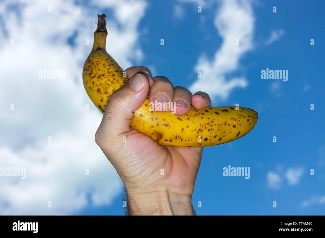 La mano di un uomo in possesso di un maturo banana giallo marrone con macchie enzimatiche chiamato Browning, contro un cielo blu con nuvole bianche. Foto Stock