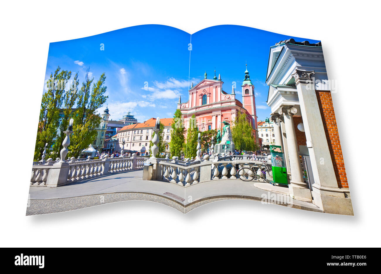 Il famoso 'Ponte triplo' su Lubiana (Slovenia - Europa) - Le persone non sono riconoscibili. 3D render di un aperto photo book isolato su bianco - sto t Foto Stock