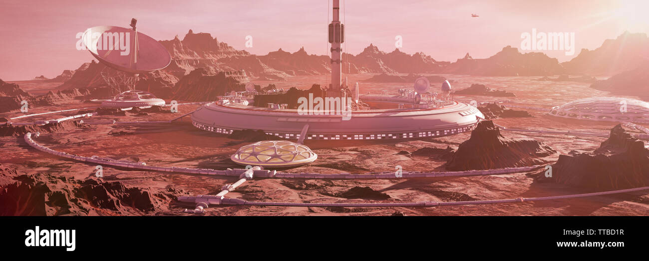 Stazione sulla superficie di Marte, prima colonia marziana nel deserto paesaggio sul pianeta rosso (3d rendering spazio banner) Foto Stock