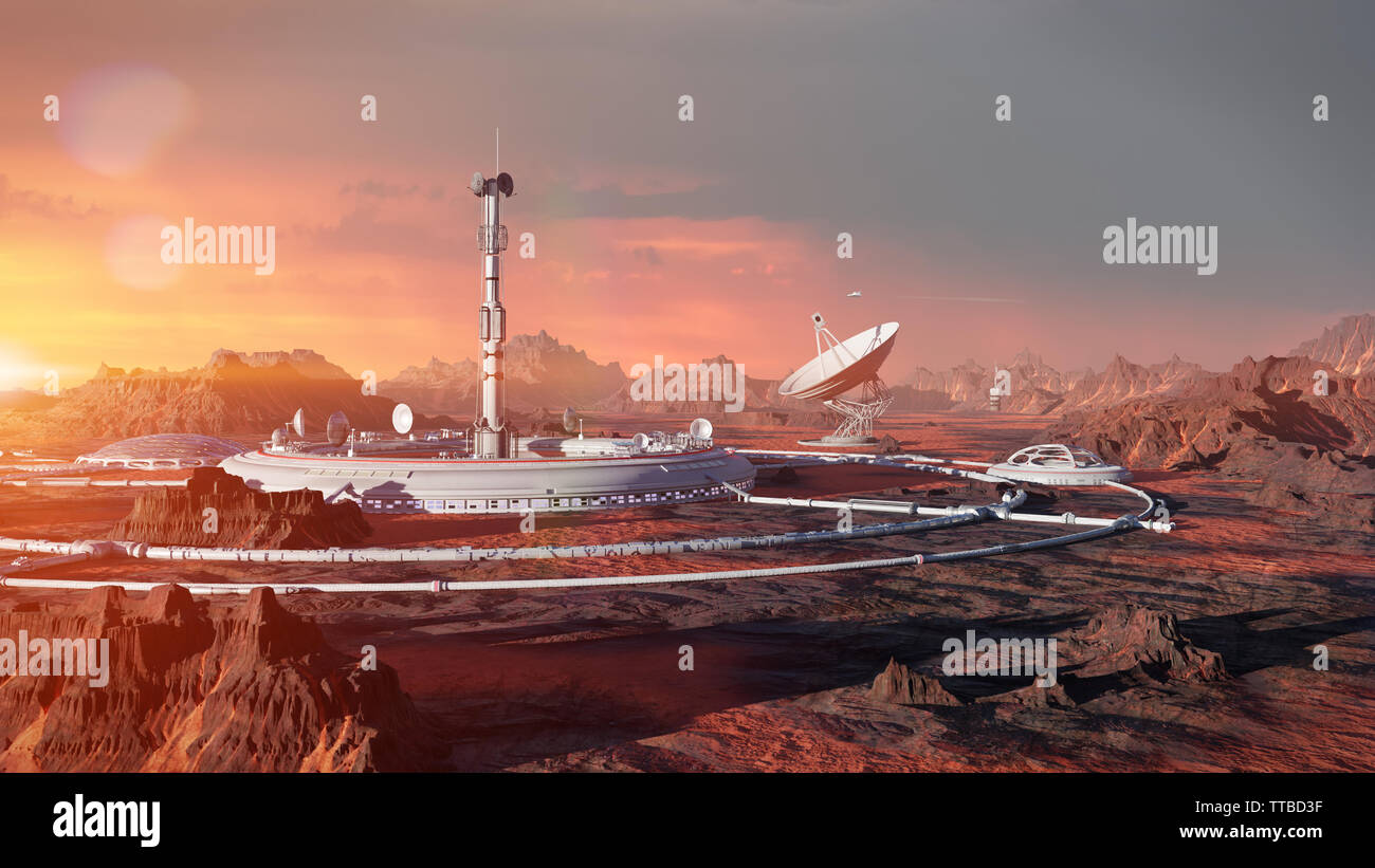 Stazione sulla superficie di Marte, prima colonia marziana nel deserto paesaggio sul pianeta rosso (spazio 3d'illustrazione) Foto Stock