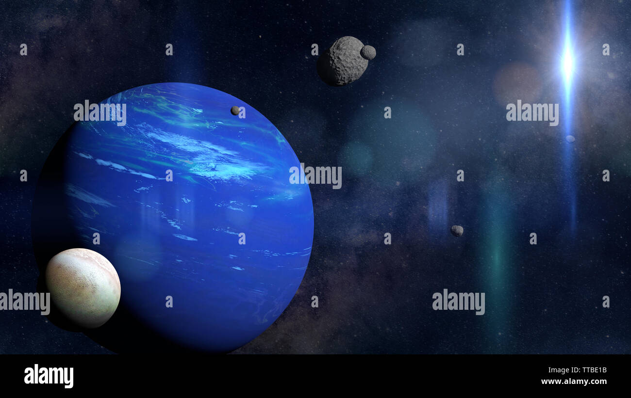 Pianeta Nettuno con il suo luna Triton e alcune altre lune (spazio 3D rendering, elementi di questa immagine sono arredate dalla NASA) Foto Stock