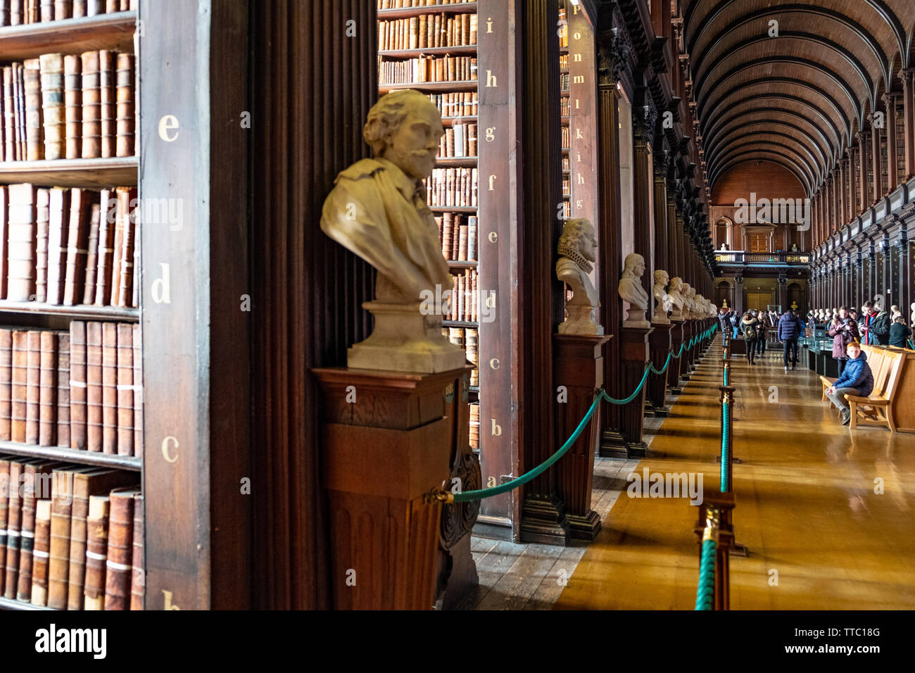 Sorprendente biblioteca, la sala lunga, il Trinity College di Dublino Foto Stock