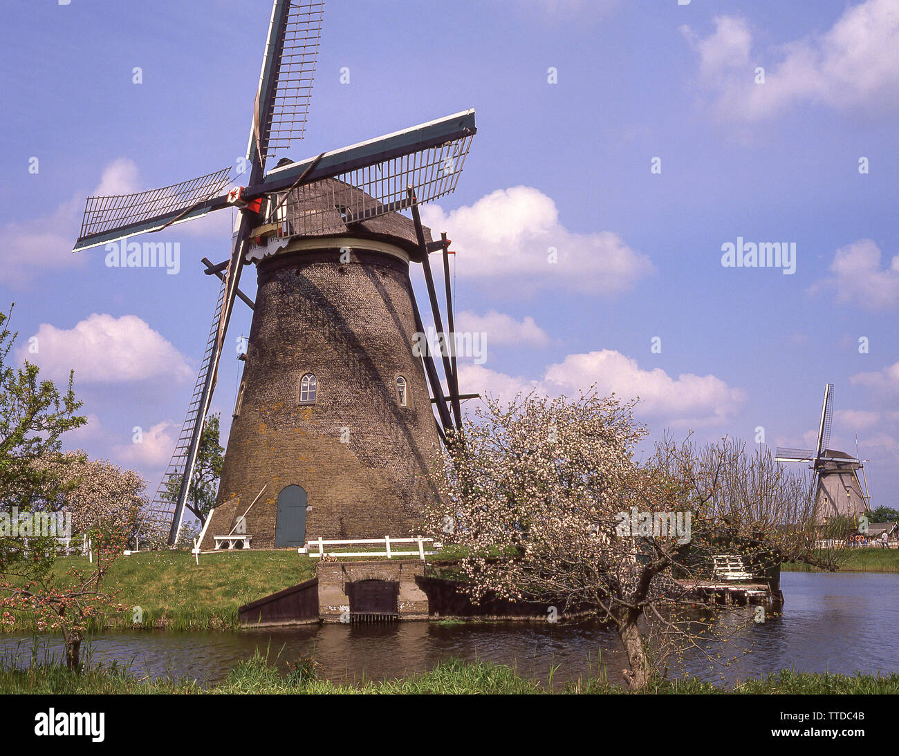 I vecchi mulini a vento a Kinderdijk, Kinderdijk, Zuid-Holland, il Regno dei Paesi Bassi Foto Stock