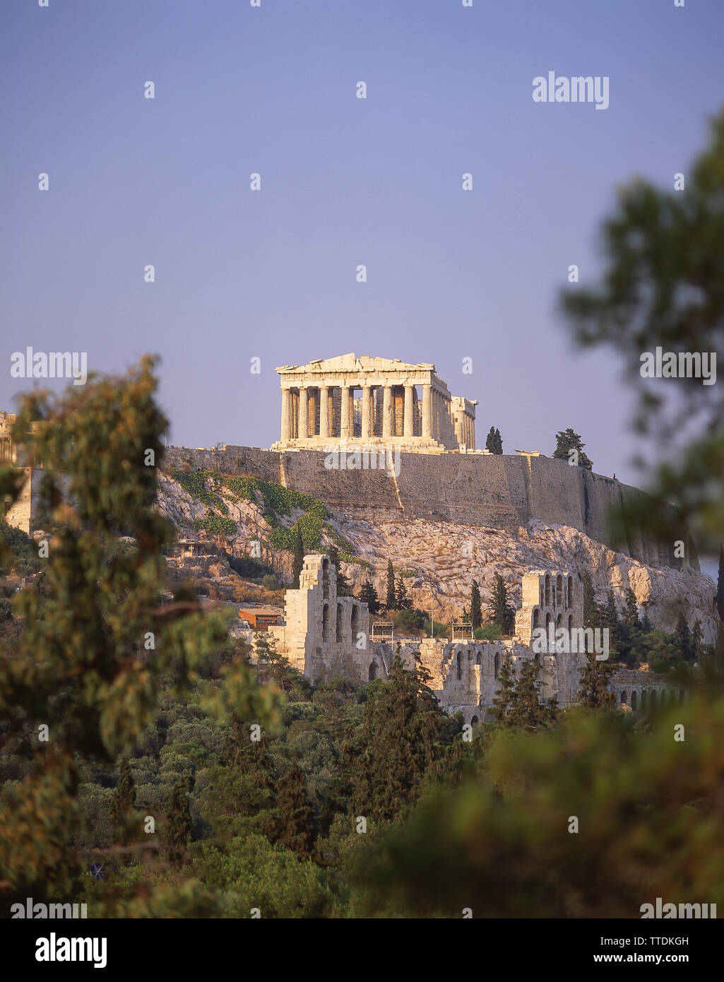 L'Acropoli di Atene da Mousion Hill, Atene (Athina), il centro di Atene, Grecia Foto Stock