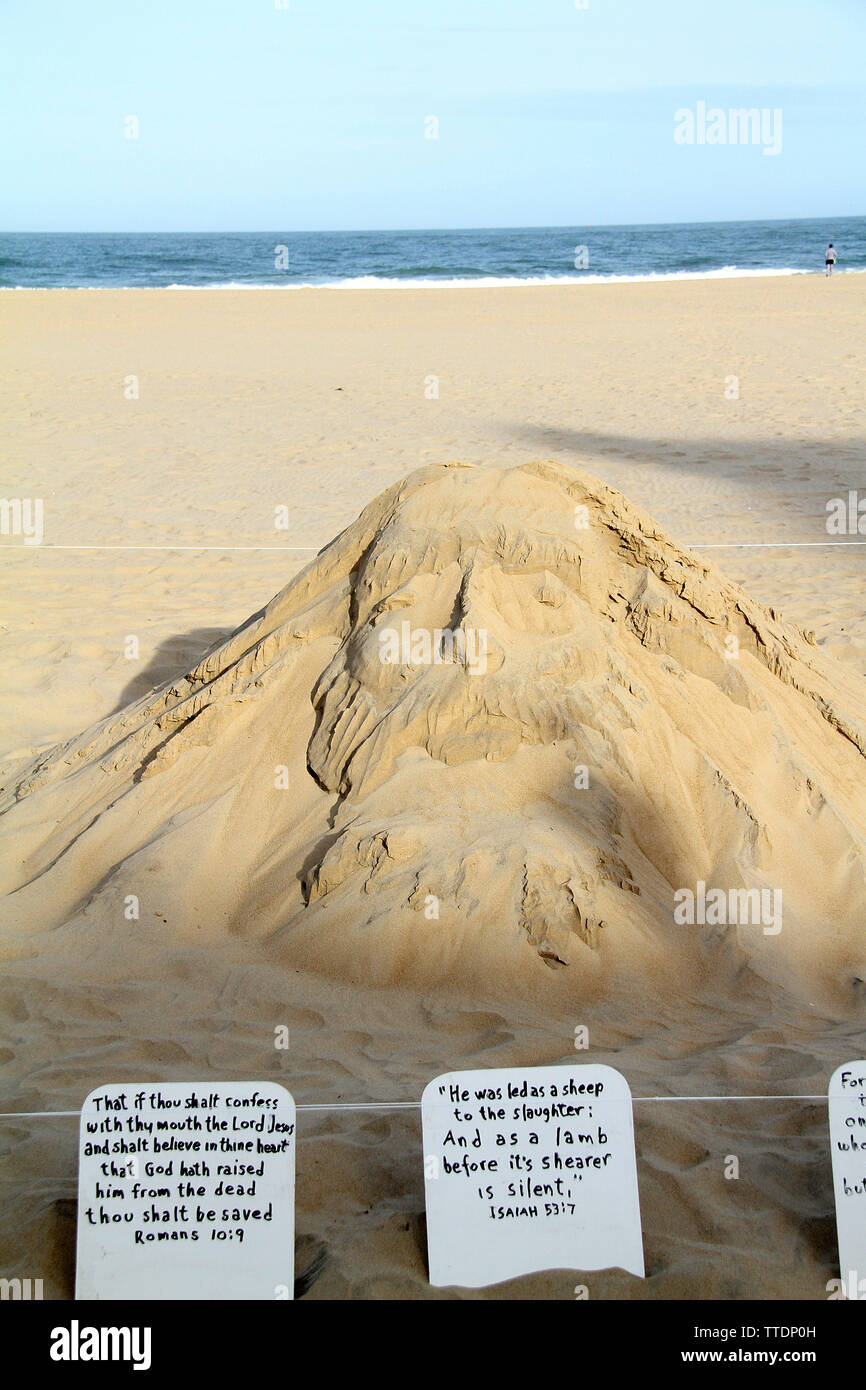 Gesù la scultura di sabbia per artista Randy Hofman sulla spiaggia di Ocean City, MD, Stati Uniti d'America Foto Stock