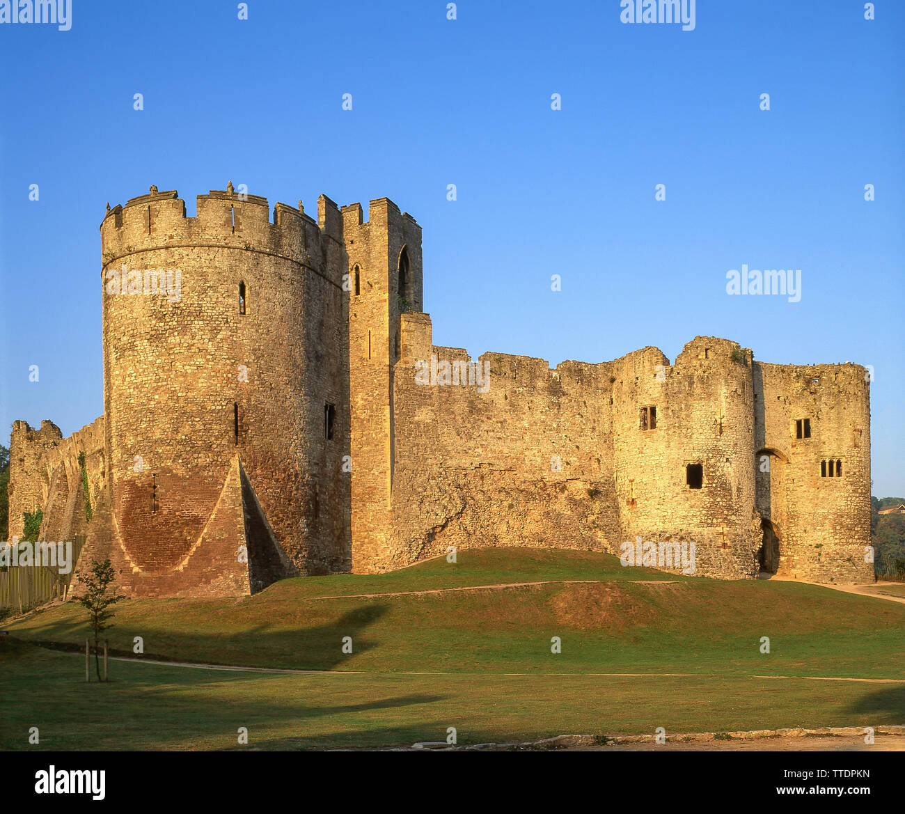 Chepstow Castle, mostrando la martora dalla torre e gatehouse, Chepstow, Monmouthshire, Wales, Regno Unito Foto Stock