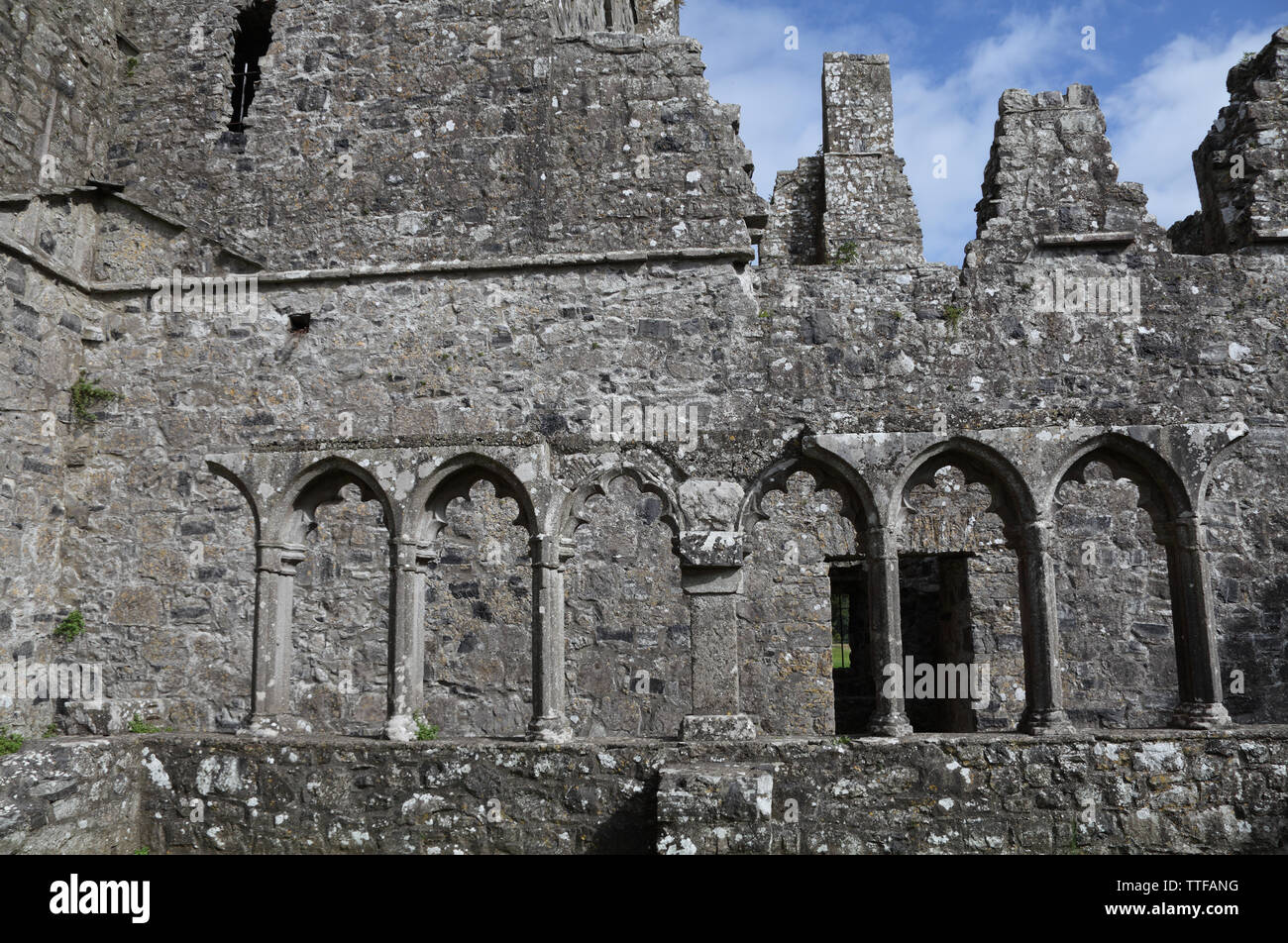 Rovine della ribalta medievale Abbazia Benedettina, noto come il luogo delle sette meraviglie, Fore, contea Westmeath, Irlanda Foto Stock