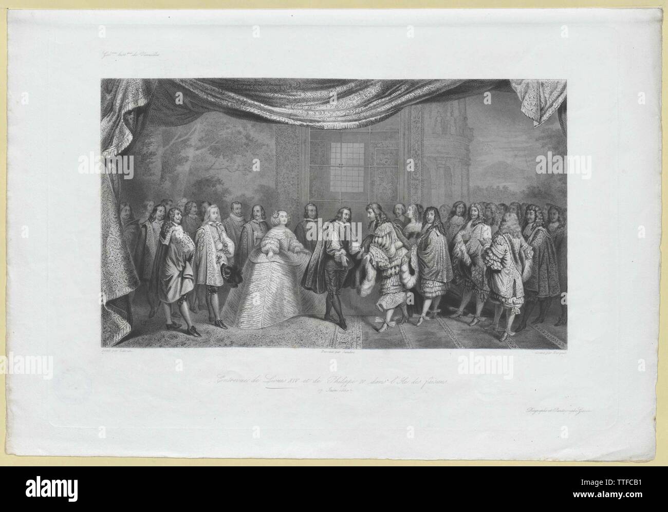 Re di Francia Luigi XIV, incisione in acciaio da Denis Nargeot basata sul sul dipinto da Charles Le Brun, disegno retrogrado da agosto Sandoz, artista del diritto d'autore non deve essere cancellata Foto Stock