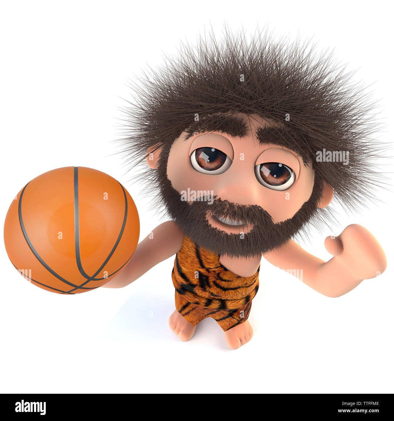3D render di un simpatico cartoon età della pietra caveman personaggio in possesso di un basket Foto Stock