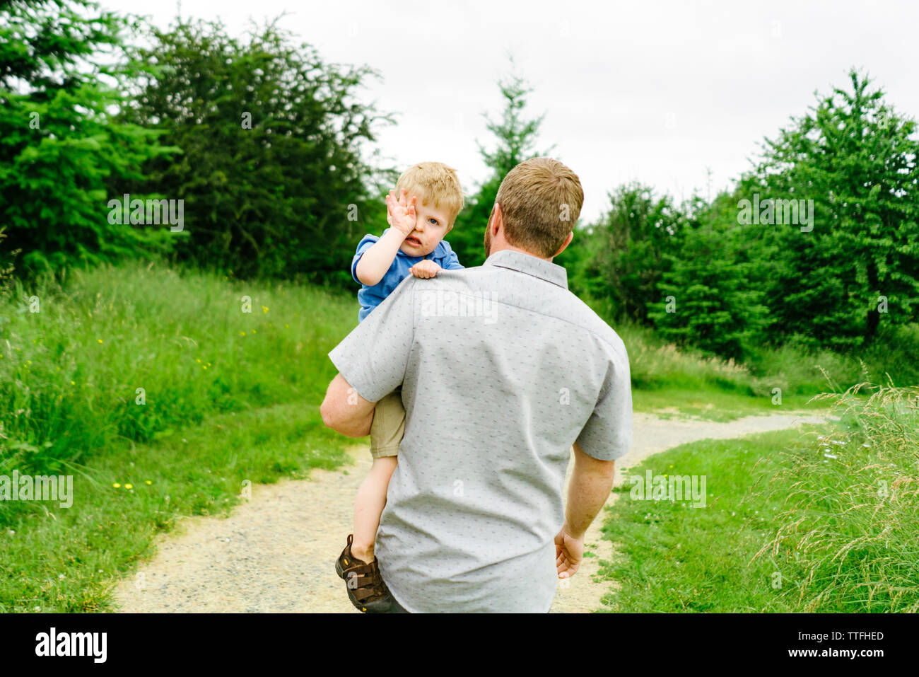 Vista posteriore di un padre che porta il suo sonno toddler giù per un sentiero Foto Stock