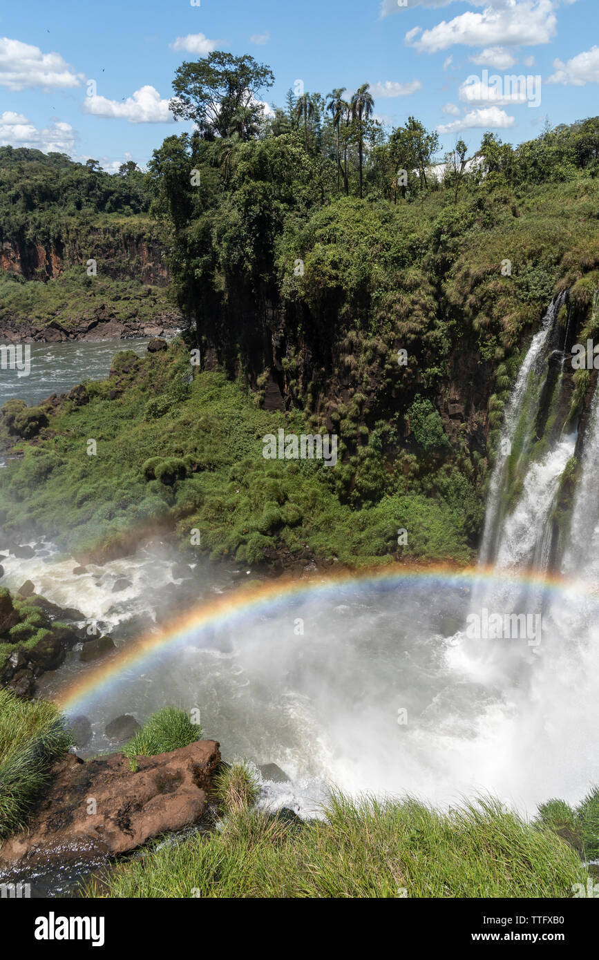 Splendido paesaggio della grande cascata impostato su verde foresta pluviale atlantica Foto Stock