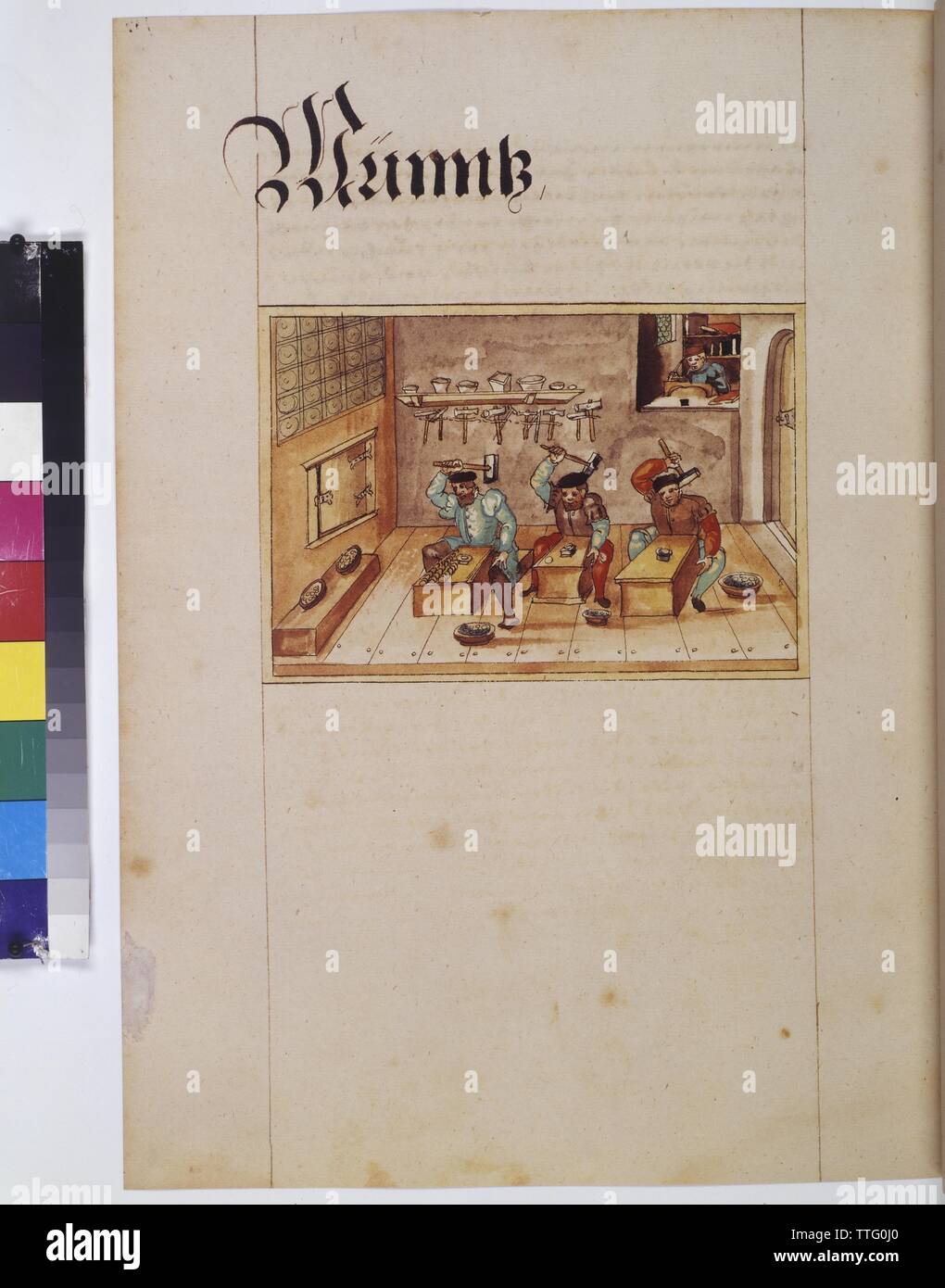 Pagina piena: dipinto in acquerelli di penna da disegno (vista interna, pagina intera: dipinto in acquerelli di penna da disegno (vista interna di una gettoniera rispettivamente il lavoro di goffratura), , Additional-Rights-Clearance-Info-Not-Available Foto Stock