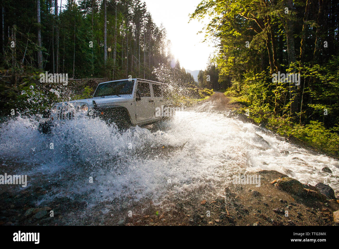 4x4 (SUV Jeep) guidando attraverso il fiume in British Columbia. Foto Stock