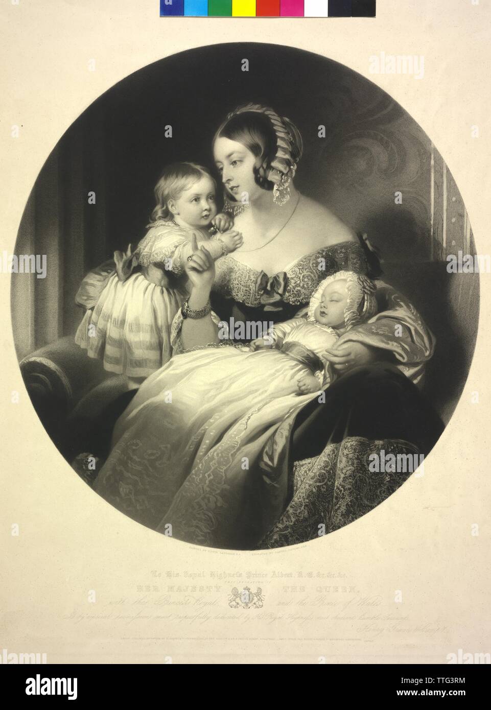 Victoria, regina di Gran Bretagna insieme con i suoi due figli più antica Victoria, principessa reale di Gran Bretagna e il futuro Eduard VII re di Gran Bretagna. mezzatinta / Tecnica mista da Samuele cugini basato su un dipinto da Edwin Henry Landseer. stemma, Additional-Rights-Clearance-Info-Not-Available Foto Stock